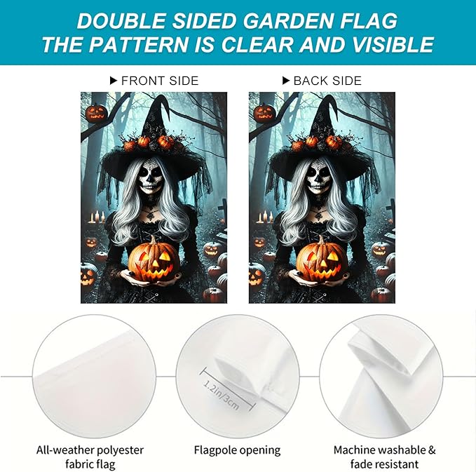 Halloween Garden Flag 12x18 Inch Gothic Witch Holding Pumpkin Scary Skeleton Woman Yard Banner Spooky Outdoor Halloween Decoration for Porch Lawn Graveyard