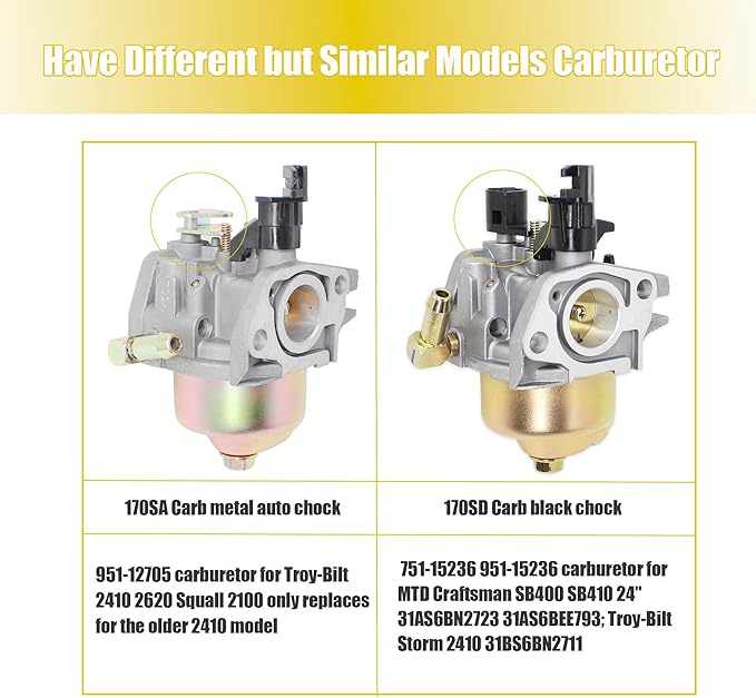 Huayi 951-12705 Carburetor 170SA for Troy-Bilt Storm 2410 2620 179cc, Squall 2100 Snowthrower; For MTD Cub Cadet Yard Machines Lawn Mowers 165-SU 165-SUA 165-SUB 265-SU 365-SUA 365-SUB Engine Model