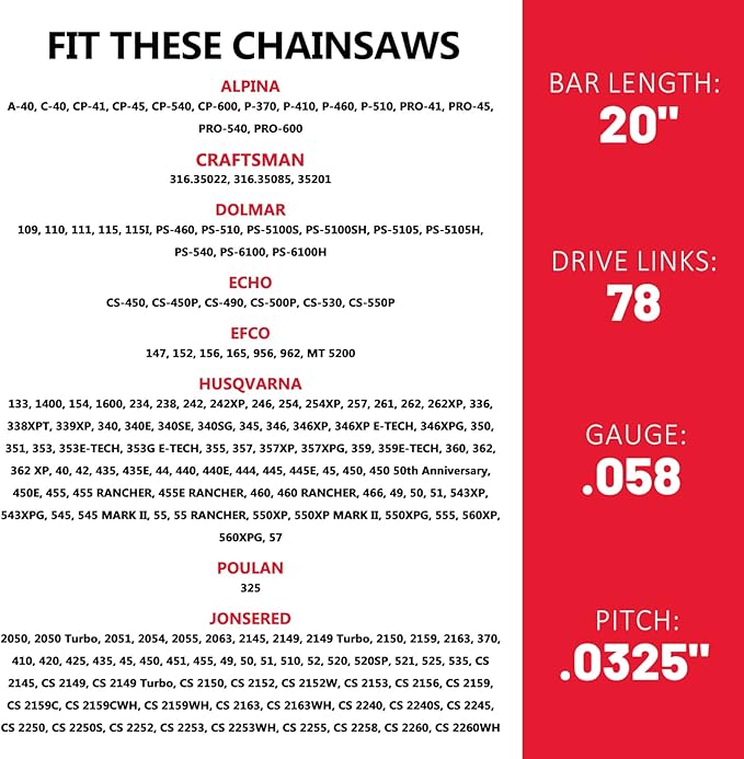 E & S 3 Pack 20 Inch Chainsaw Chain .325" Pitch .058" Gauge 78 Drive Links Semi-Chisel Chain Saw Chains for Husqvarna, Poulan, Craftsman, Greenworks and More Chainsaw Brands