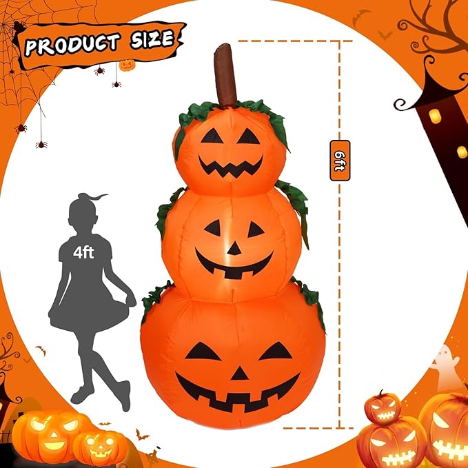 DearSun 6FT H Halloween Inflatable Stacked Pumpkins Blow up Pumpkin Stacked with Build-in LED Lights, Blow up 3 Pumpkins Inflatable Outdoor Indoor Decorations Large Party Yard Decoration