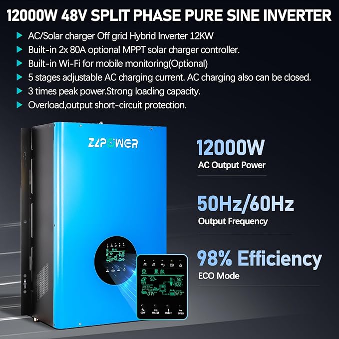 ZLPOWER 12000W 48V Off-Grid Inverter Charger, Peak Power 36000W for 20s, 240V AC Input, 120/240V Split Phase Output, Pure Sine Wave, UL1741 Certified, Built-in 2 MPPT Low Frequency for Solar System
