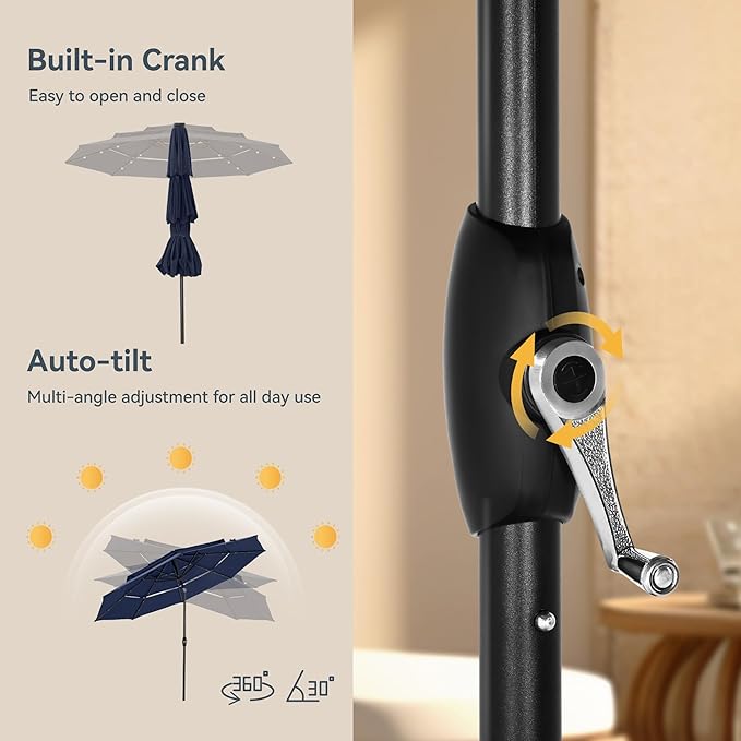 PHI VILLA 10ft Patio Umbrella with Light, Outdoor Large Auto-Tilt 3 Tier Market Table Umbrellas with 8 Sturdy Ribs and 1.5" Pole for Lawn Poolside Garden Terrace,Navy Blue