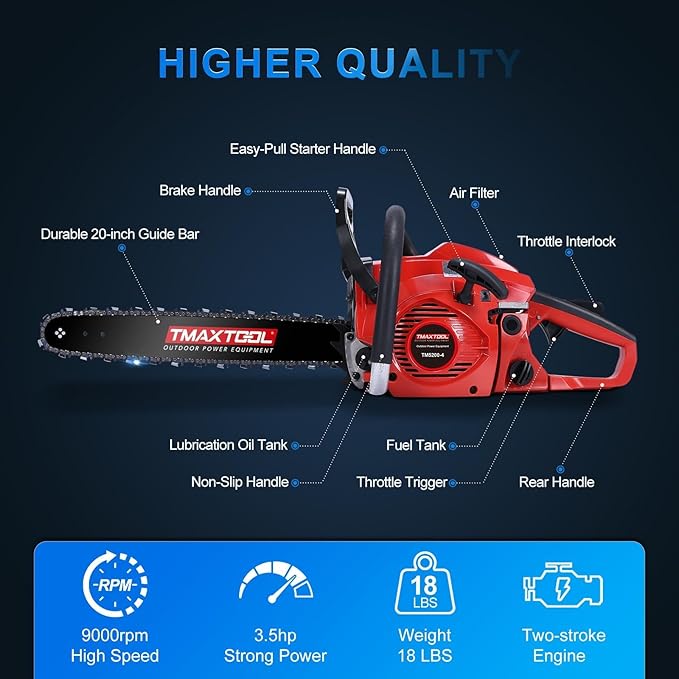 62cc Gas Chainsaw, 3.5-HP, 20 Inch Gas Powered Chainsaw, 2-Stroke Chainsaws with Automatic Oiler, Gasoline Chain Saw for Cutting Wood Outdoor Garden Farm Home, Red