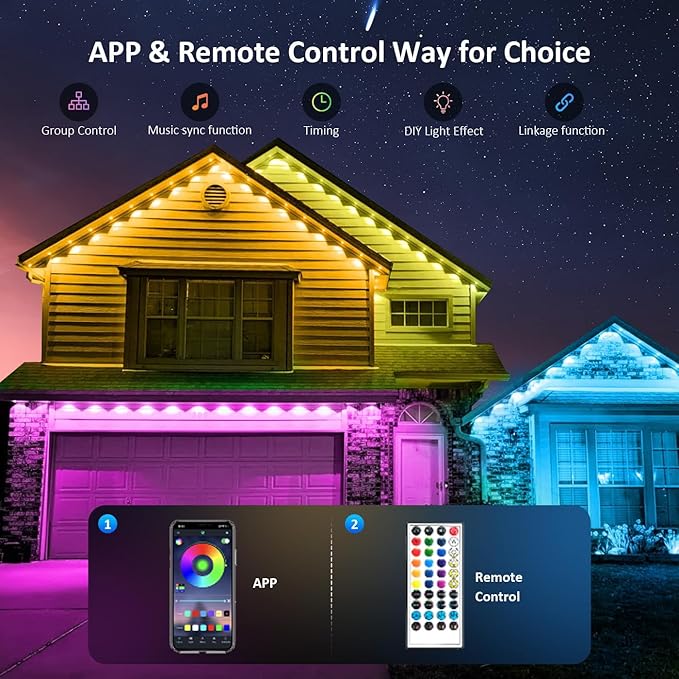Permanent Outdoor RGB String Lights, 300ft Smart Eaves Lights with App/Remote Control, IP67 Waterproof for Holidays, Christmas and Daily Lighting