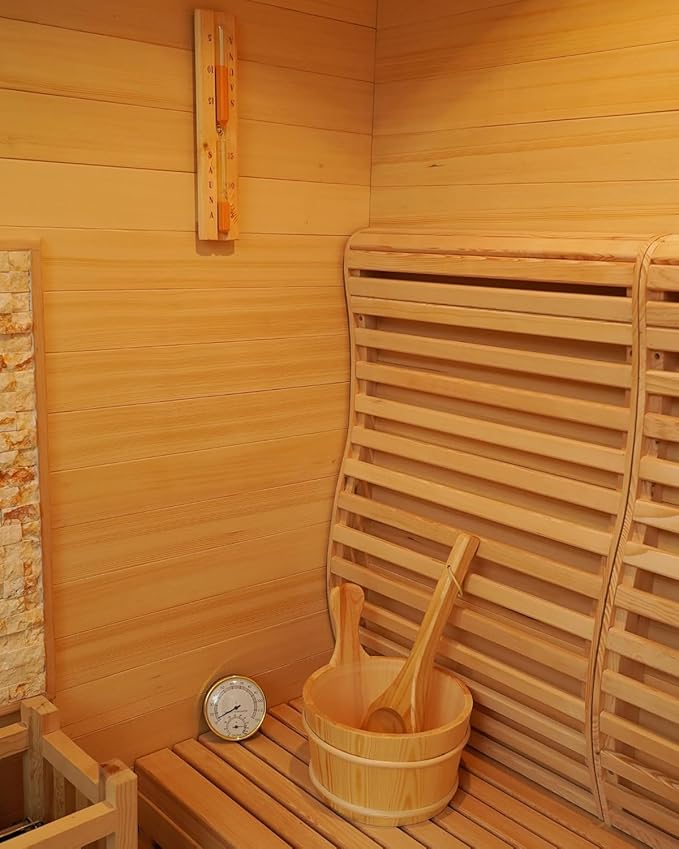 3 Person Wooden Steam Sauna Room, Red Cedar Luxurious Indoor Sona House with 6 KW Harvia Heater, Wi-Fi Controller, Bluetooth Speaker, Wooden Bucket, Scoop, Reading Light, 220V