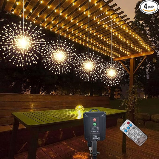 4 Pack 800 LED Solar Starburst Sphere Lights,Firework Light Remote Control Timer 8 Modes Dimmable, Waterproof Hanging Sparkly Fairy Light for Patio Party Tent Halloween Christmas Decor (Warm White)