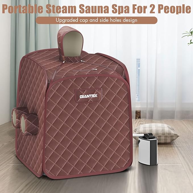 Giantex Portable Folding Sauna, 1 or 2 Person Steam Spa with Remote Control, Folding Chair, Foot Massage Roller, Absorbent Mat, 9 Temperature Levels, 3L Steamer, 800W Home Full Body Spa Tent (Brown)