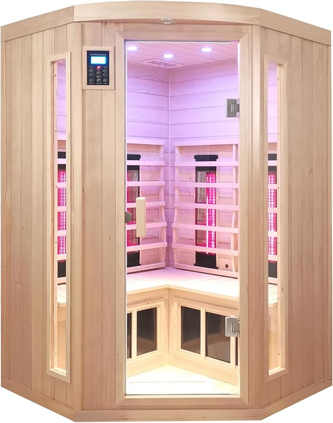 Ceramic Infrared Sauna, 2-3 Person Home Sauna, Canadian Hemlock Indoor Corner Sauna Spa, Wooden Sauna Room, 5 Low EMF Heaters + 4 Ceramic Tubes, Bluetooth Speakers, Chromotherapy Lights