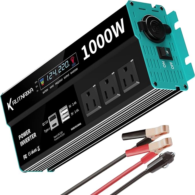 Power Inverters 1000W 12V DC to 110V AC Converter for Vehicles USB-C/PD 25 Watts Fast Charging Ports Car Charger Adapter with a Cigarette Lighter Ports Plug Outlet