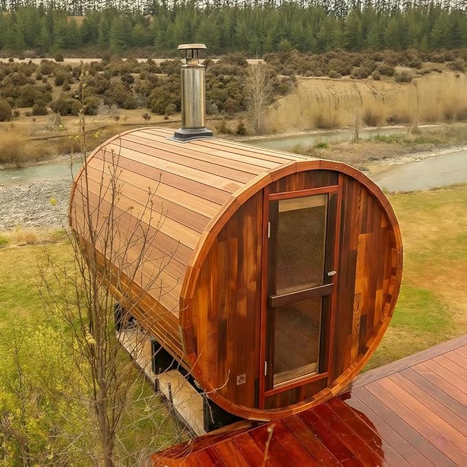 Outdoor Panoramic Sauna, 15KW Wood Burning Saunas Stove, Canadian Red Cedar Barrel Sauna 6 Person, Triple Waterproofing System, Steel Fireplace, Wood Tiles(0-195℉)
