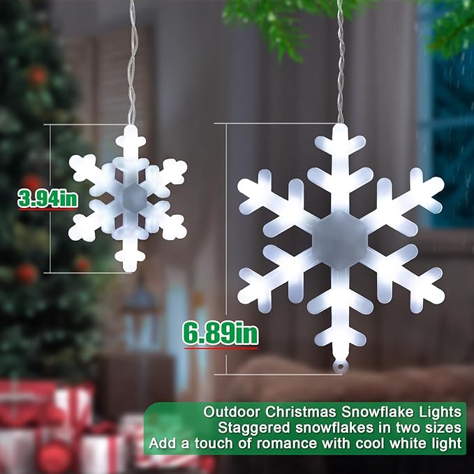 Christmas Snowflake Lights, 16.73ft Outdoor LED Icicle With 20 Drops, Waterproof Cool White Lighting for Eaves, Window, Curtain Xmas Decorate