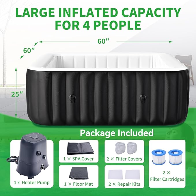 2-4 Person Inflatable Hot Tub, Square Blow Up Portable Hot Tub, Leak-Proof PVC Outdoor Spa with 120 Strong Air Jets, Heater Pump and Insulated Cover, 60” X 60”X 25”
