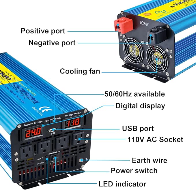 Yinleader 4000W Pure SINE Wave Power Inverter DC 24V to 110V/120V AC Converter w/Wireless Remote Control LED Display 1 USB Port, 4 AC Outlets for RV Truck Solar System Emergency