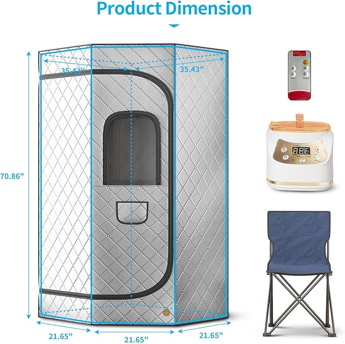 Home Steam Sauna Box, Portable Sauna for Home, Steam Sauna Tnet Full Size Single Person Sauna with 3.0L&1500W Steamer, Remote Control, Foldable Chair & RGB LED Light （Silver）