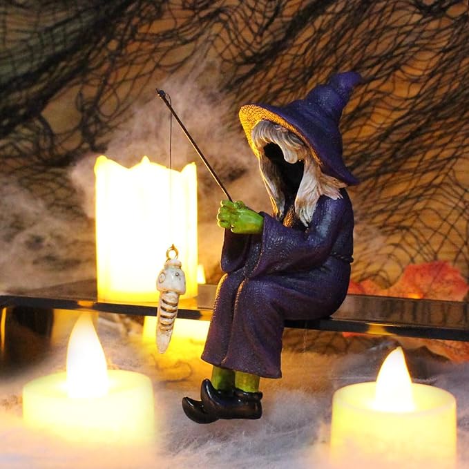 Fishing Witch Statue Funny Halloween Decorations, 4.7 Inch Sitting Witch Figurine Shelf Sitter Resin Sculpture for Outdoor Garden Yard Lawn Pond Waterfalls Pool Ornaments