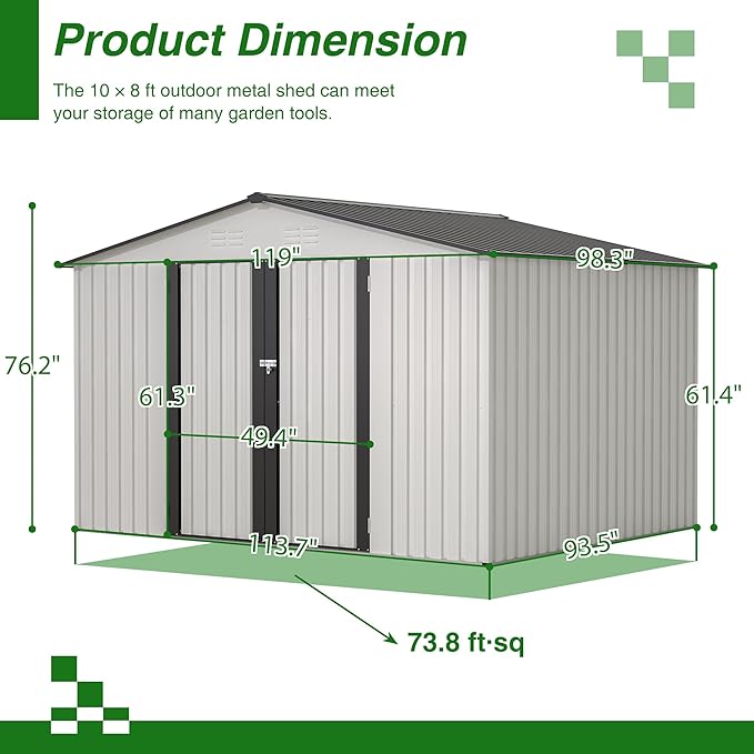 Spacious 10x8 Ft Outdoor Storage Shed with Double Doors – Durable White Resin Construction for Yard Tools, Equipment, Weather-Resistant (White, 10 x 8 ft)