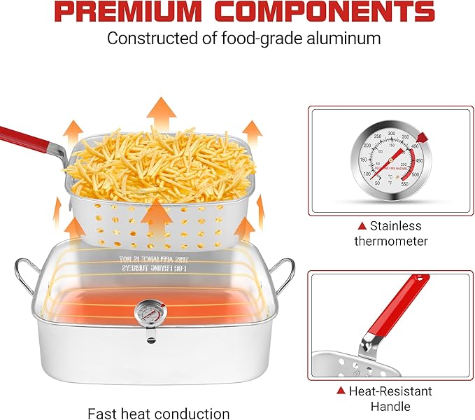 OT1808 Propane Deep Fryer with 18Qt Square Deep Fryer Pot – High Grade Strainer Basket Aluminum Pot for Fish Fry, Seafood Pot – Propane Burners for Outdoor Cooking Include Thermometer
