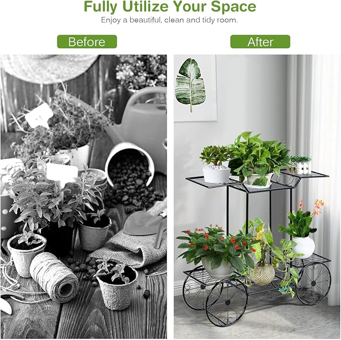 Giantex 6-Tier Plant Stand Flower Pot Holder Metal Flower Display Shelf with 4 Decorative Wheels Multilayer Parisian Style Plant Pot Holder Rack for Indoor, Garden, Patio, 32"L x 10"Wx 30"H, Black