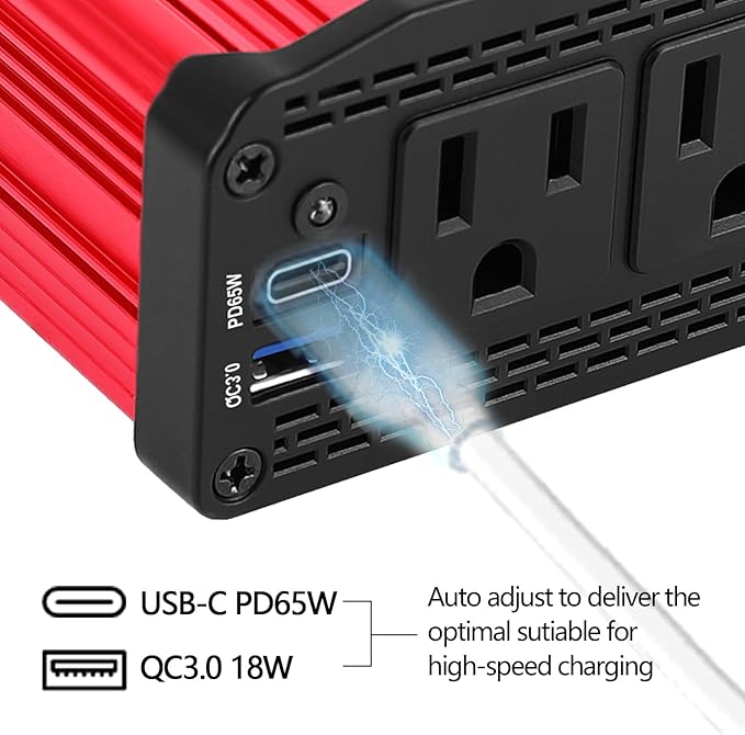 ALLWEI 300W Power Inverter DC 12V to 110V AC, Compact Car Plug Adapter Outlet with 65W PD USB-C &18W USB-A Fast Charging, Cigarette Lighter Adapter Car Charger for Phone, Laptop on Road Trip - Red