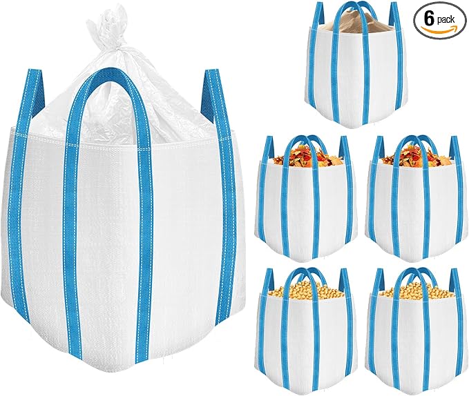 FIBC Bulk Bag, 2 Ton Bag, 35"L x 35"W x 43"H, 4400 lbs SWL, 6 Pack, Duffle Top Flat Bottom, Heavy Duty Woven Polypropylene Bags for Industry Construction