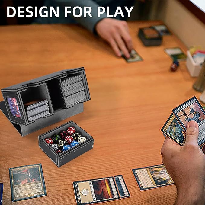 AFIING MTG Commander Card Storage Box - Fits 200 Double Sleeved Cards,3-in-1Card Deck Case,Strong Magnet Card Organizer For Magic Commander TCG CCG,4Dividers &2 Toploaders, Black/Grey