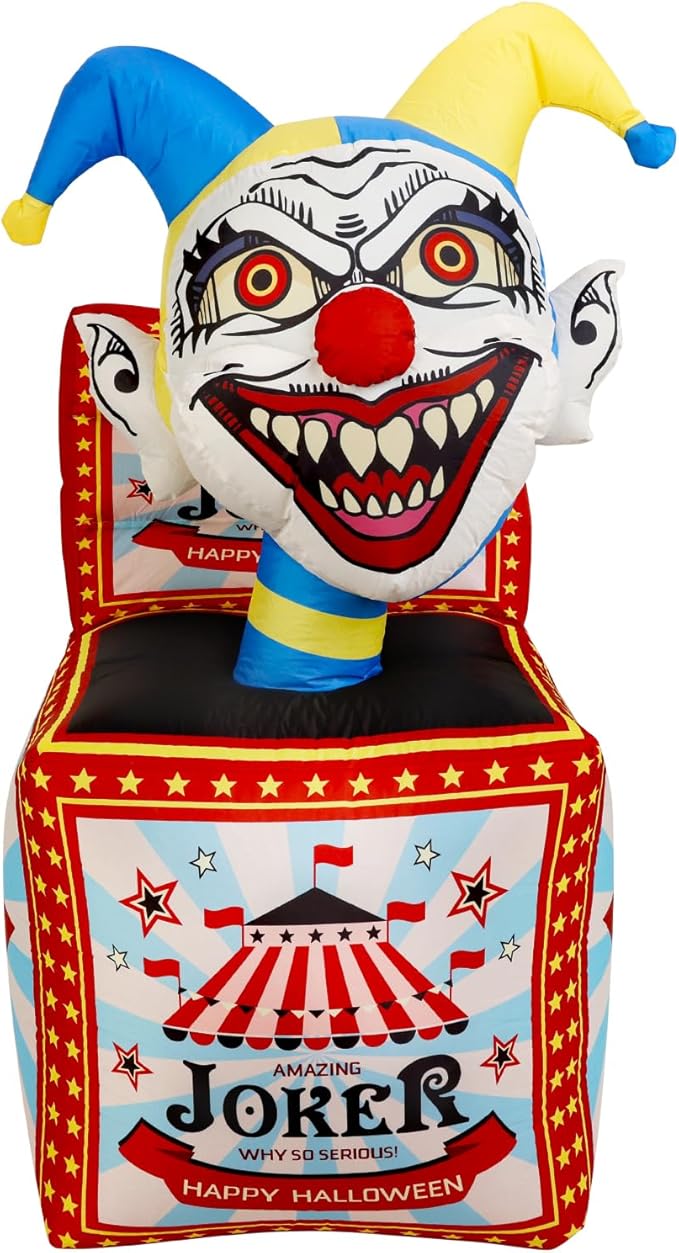 WBHome 5 Ft Halloween Inflatable Circus Clown Box Outdoor Decorations, Blow Up Yard Decor with Built-in LED Light (Plug in) for Lawn Home Party Indoor Outdoor