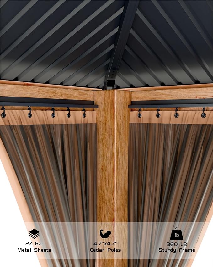 GAOMON Hardtop Spruce Wood Gazebo 12'x12', with Double Roof of Metal Sheets, 4.7'' Heavy Duty Poles, Net, and Curtain, Permanent Building for Patio, Deck, Backyard, Lawn, and Garden, Khaki