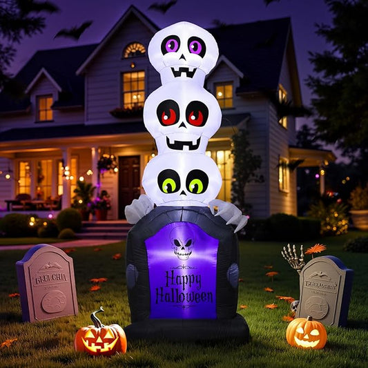 Halloween Inflatables Outdoor Decoration, 6.5FT Pumpkin/Tombstone/Black Cat/Ghost Tree, Cute Blow Up Yard Decor, for Outside Garage Door Graveyard Yard Porch Lawn (6.5FT Ghost+Tombstone)