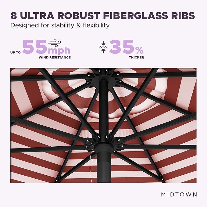 Midtown Umbrellas Push and Pop 10 Feet Outdoor Umbrella, Red/White Stripes Polyester Fabric - Fiberglass Ribs Deck Patio Umbrella, Backyard Umbrella, Garden Umbrella & Pool Umbrella - Black Pole