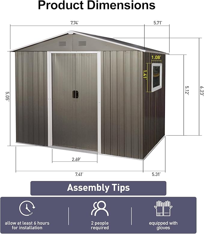 8x6 ft Outdoor Metal Storage Shed with Floor Foundation and Window, Lockable Galvanized Steel Tool Shed with Sliding Door and Air Vent, Waterproof Garden Storage House for Backyard, Patio