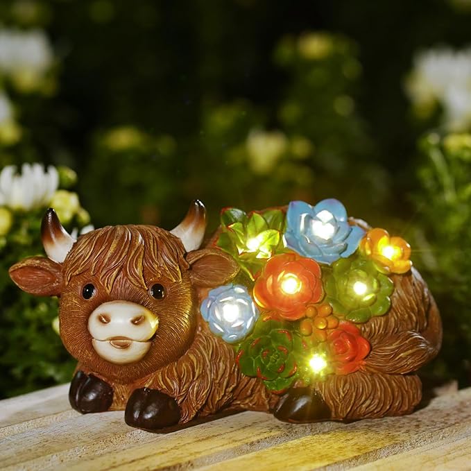 Nacome Solar Garden Statues Highland Cow with Succulent and 6 LED Lights - Lawn Decor for Patio Balcony Yard Ornaments - Birthday Gifts Mom Grandma Women(Brown)