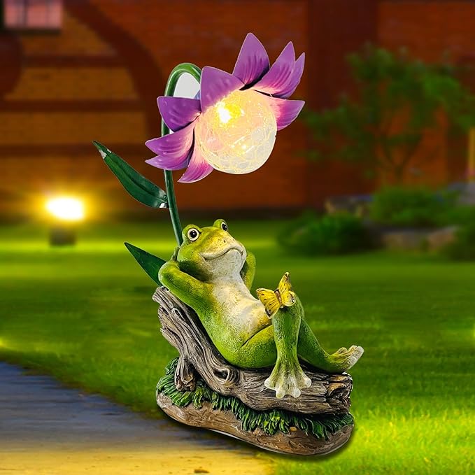 Solar Frog Garden Decor Outdoor Statue - Frogs Umbrella LED Waterproof Sculptures Lights, Patio Pathway Frog Figurine for Yard Decoration Lawn Ornament Gardening Gifts for Women Mom Grandma