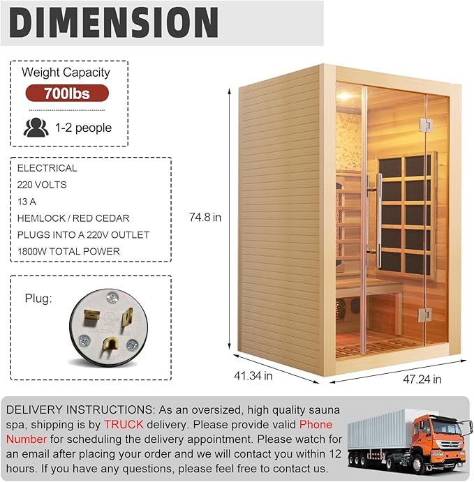 2 Person Infrared Sauna Room with Red Light Therapy, Wood Indoor Saunas Spa with WiFi Control, Oxygen Bar, Speaker, Backrest, 1800W/220V, Ideal Sauna for Gym, Home (Canadian Hemlock)