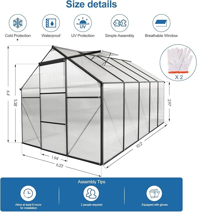 6x10 FT Polycarbonate Greenhouse with Sliding Door and Adjustable Roof, Heavy Duty Aluminum Walk-in Greenhouses w/ Raised Base for Outdoor Garden Backyard,Black