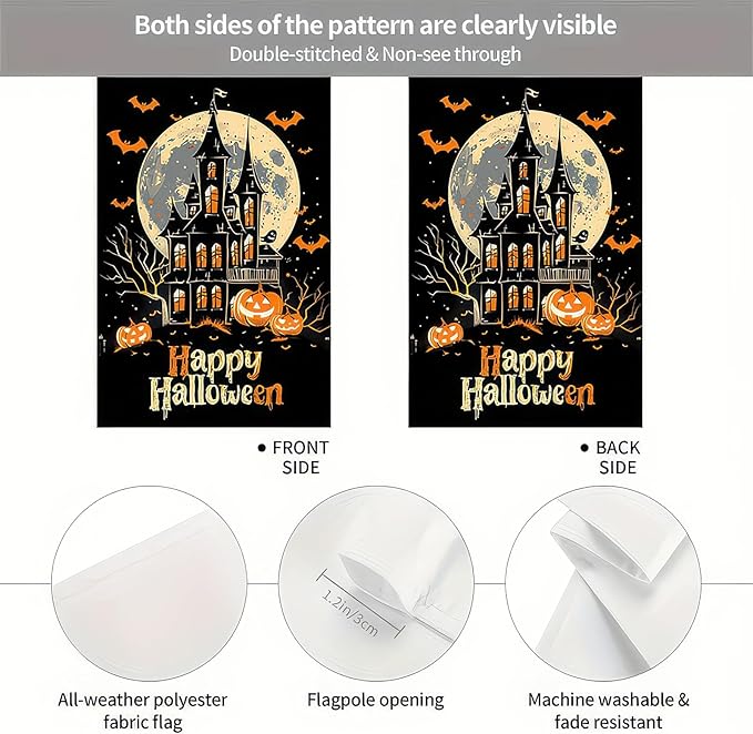Garden Flags 12x18 Inch Halloween Garden Flag Double-Sided Haunted House Pumpkin Bats Moon Outdoor Fall Yard Sign Holiday Banner for Porch Lawn Decor