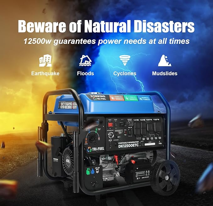 DK Upgraded 12500W Tri-fuel Generator, Remote Electric Quick Start, 10.5 Gal Super Tank, 120V 240V, CARB EPA Compliant Gas Propane or NG Powered Back Up (DK12500ETC)