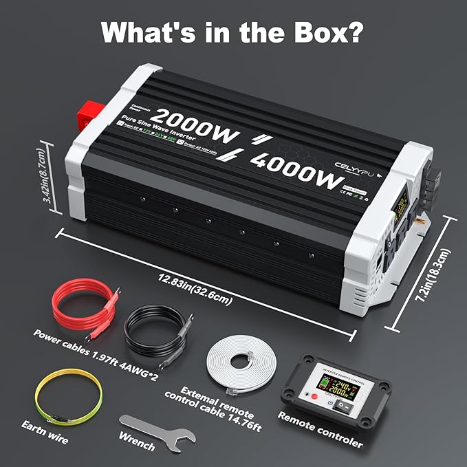 2000 watt Pure sine Wave Inverter, 24V DC to 110V AC Power Inverter, Used for Solar Emergency Power Supply in RV Homes, with 3 AC Output sockets, USB Port, Type-C Port, Remote Control with LCD Screen