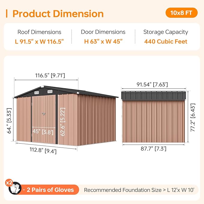 10x8 FT Outdoor Storage Shed, Utility Steel Tool Shed with Lockable Door and Air Vents, Galvanized Metal Shed for Garden Backyard Patio Lawn (10'x8', Brown)