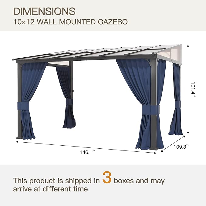10’ x 12’ Gazebo for Patio,Wall Mounted Gazebo with Sloping Polycarbonate Roof,Aluminum Frame Outdoor pelgole w/Netting & Curtain for Garden,Deck,Backyard,NavyBlue