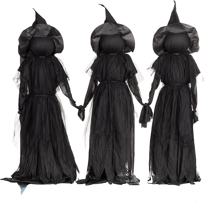 Evergreen Set of 3 LED Black Halloween Witches with Hats Stakes | 4 Feet Tall | Weatherproof Battery Operated | Spooky Garden Statue Outdoor Decoration Grass Lawn or Patio