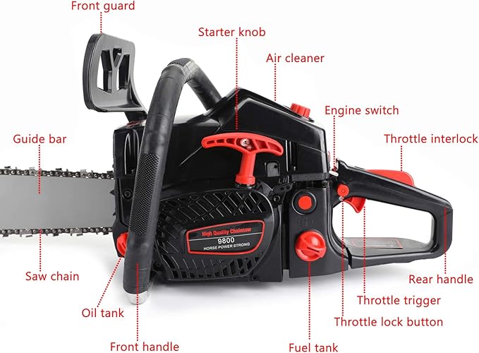 Topteng Gasoline Chainsaw 22 Inch, 62cc Chainsaw 22" Bar Powered Engine 2 Cycle Gasoline Chain Saw, Red