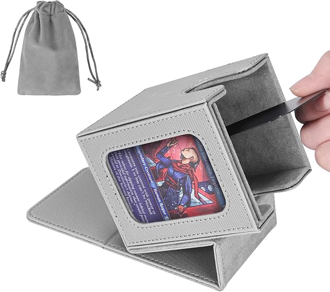 AFIING MTG Deck Box for Commander Display,Card Deck Box Fits 100 Double Sleeved Cards, Magic Commander TCG Card Storage Box with 2 Dividers,Drawstring Bag and 1 Toploader(Silver/grey)