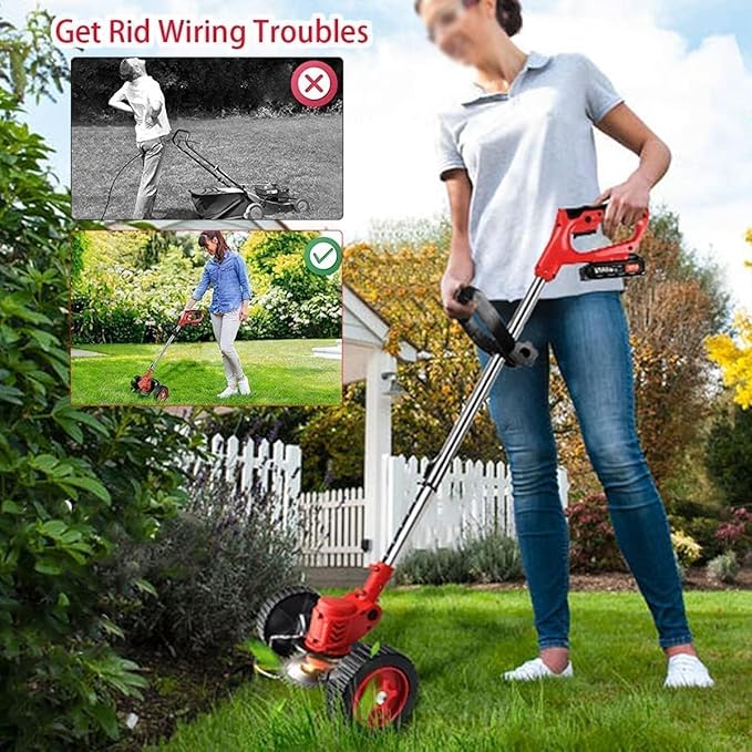Electric Weed Wacker 21V Electric Weed Cordless Eater with 2pcs Batteries and 3 Types Blades&Auxiliary Wheel Weed Trimmer Lightweight 3 in 1 Stringless Grass Trimmer Edger/Brush Cutter for Lawn