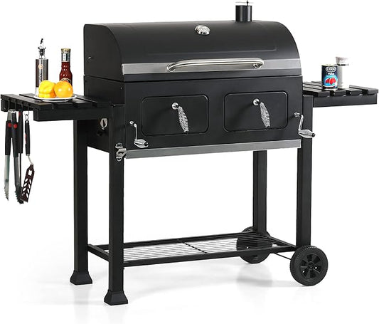 Captiva Designs Extra Large Charcoal BBQ Grill with Oversize Cooking Area(794 SQIN), Outdoor Cooking Grill with 2 Individual Lifting Charcoal Trays and 2 Foldable Side Tables