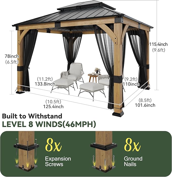 10x12 ft Cedar Wood Gazebo with Translucent roof, Hardtop Gazebo with Galvanized Steel Double Roof and Mosquito Netting, Heavy Duty Pavilion for Patio Lawn and Garden