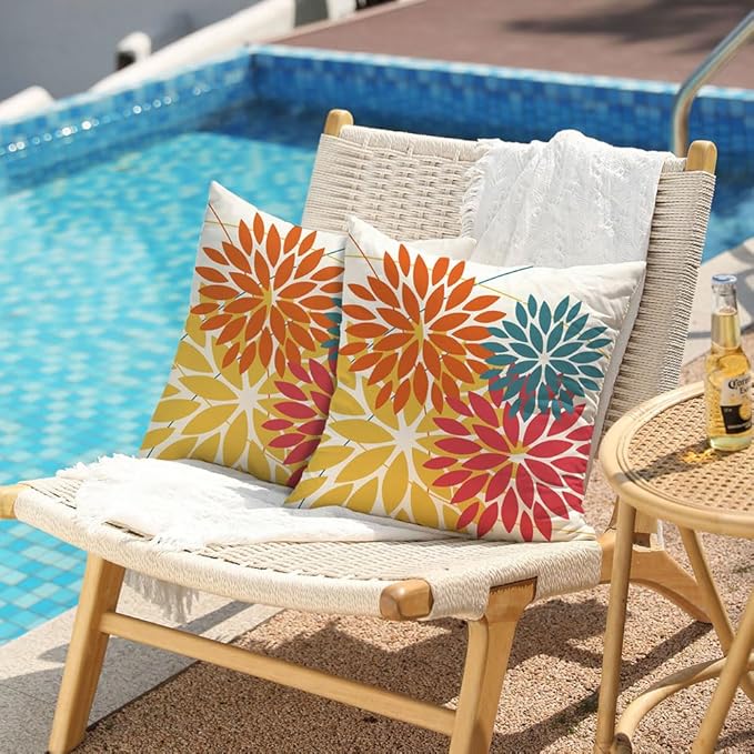 DFXSZ Outdoor Pillow Covers 22x22 Inch Set of 2 Orange Yellow Red Flower Decorative Waterproof Fall Summer Outdoor Pillow Covers for Patio Funiture Garden Couch 168G22