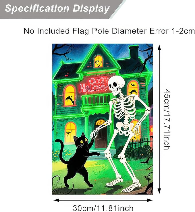Garden Flags 12x18 Inch Halloween Garden Flag Double-Sided Skeleton Dancing with Black Cat Haunted House Pumpkin Fall Yard Decoration Trick or Treat Banner for Porch Lawn Outdoor Decor