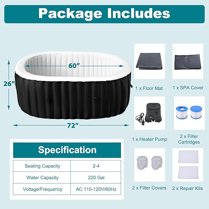 75" X 47" X 25" Hottub, 1-2 Person Inflatable Hot Tub, Portable Blow Up Hot Tub with Side Table, Oval Portable Outdoor Spa with 100 Bubble Jets and Heater Pump, Filter