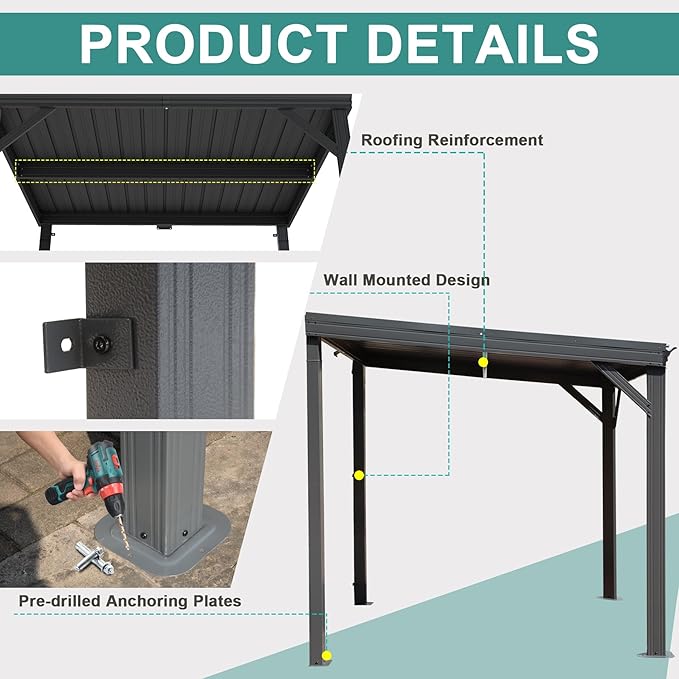 Domi 8’x8’ Lean-to Gazebo, Hardtop Wall-Mounted Gazebo Pergola with Sloping Galvanized Steel Roof and Upgraded Drainage System, Outdoor Permanent Metal Shelters for Patio Backyard Deck, Grey