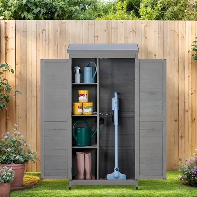 Stylish Grey & Solid Wood Outdoor Storage Shed – Durable Metal Top Vertical Tool Cabinet Ideal for Backyard, Garden, and Patio Organization